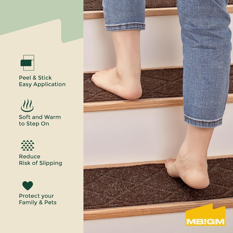 MBIGM 8" X 30" (15 in Pack) Non-Slip Carpet Stair Treads Non-Skid Safety Rug Slip Resistant Indoor Runner for Kids Elders & Pets with Reusable Adhesive - Brown Diamond Weave - Image 3